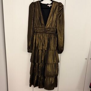 Wayf Gold/Olive Metallic Long-Sleeve Tiered V-Neck Dress